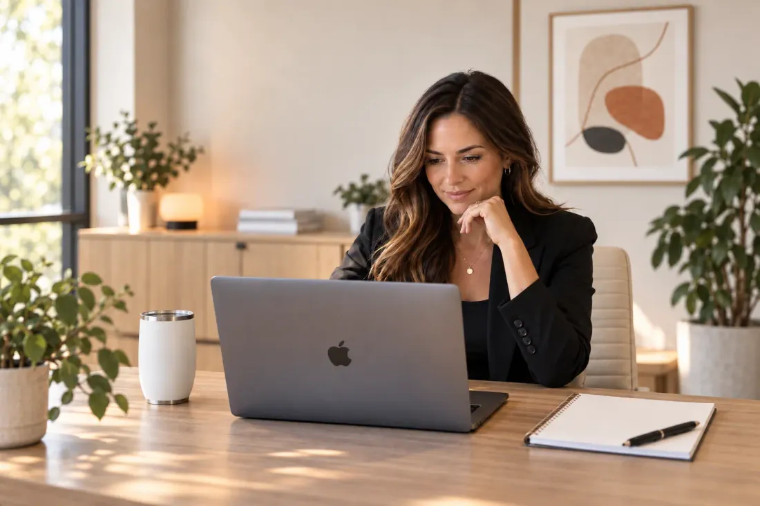 A California real estate agent working at her laptop in a calm, sunlit office
