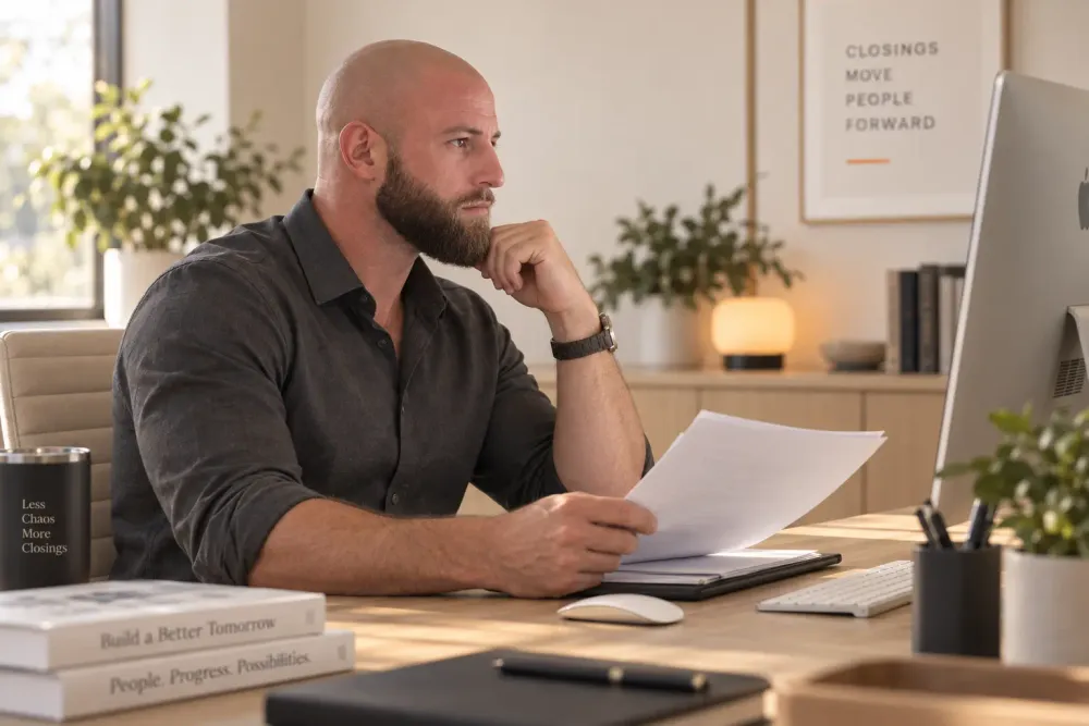 Brad Pickens, founder of TC Pilot, reviewing a transaction file at his desk