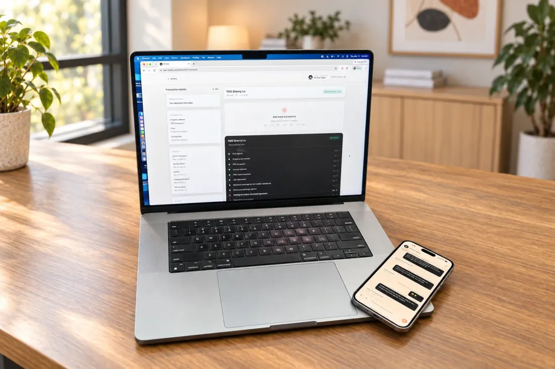 The TC Pilot dashboard open on a laptop, with a text-message update on the phone beside it