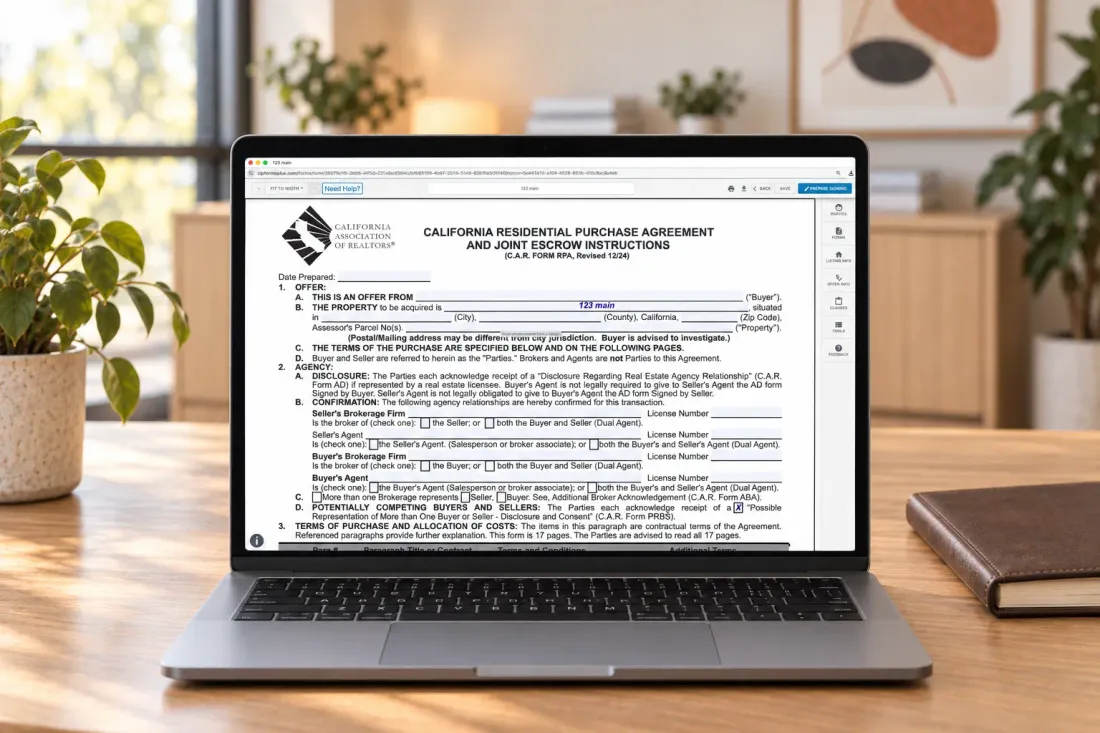 A California Residential Purchase Agreement open on a laptop